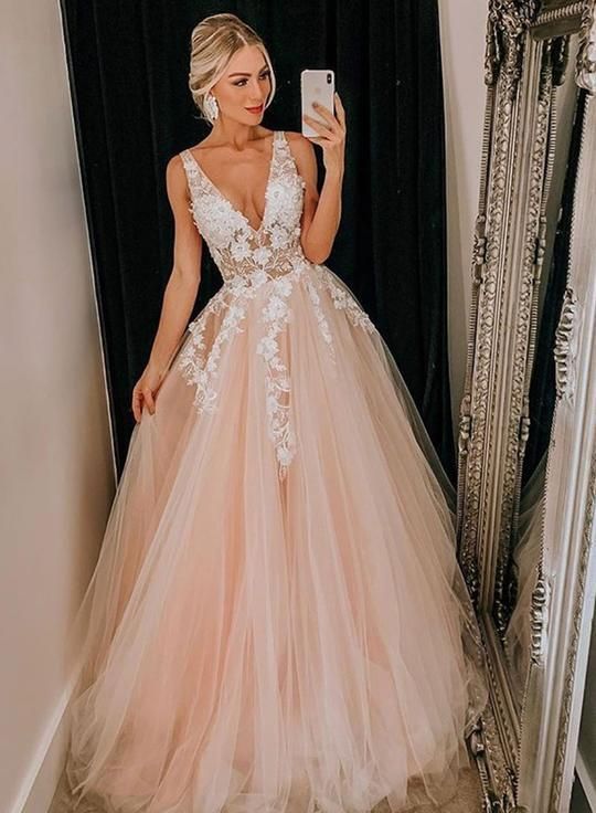 Pink Tulle V Neck Long Senior Prom Dress, Formal Dress With Applique from Girlsprom -   19 dress Pink tulle ideas