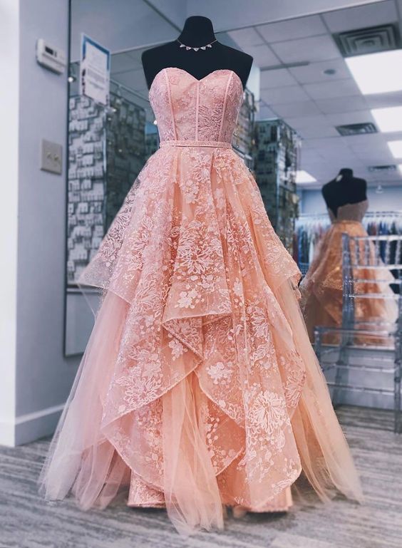 Pink sweetheart neck lace long prom dress, pink evening dress -   19 dress Pink tulle ideas