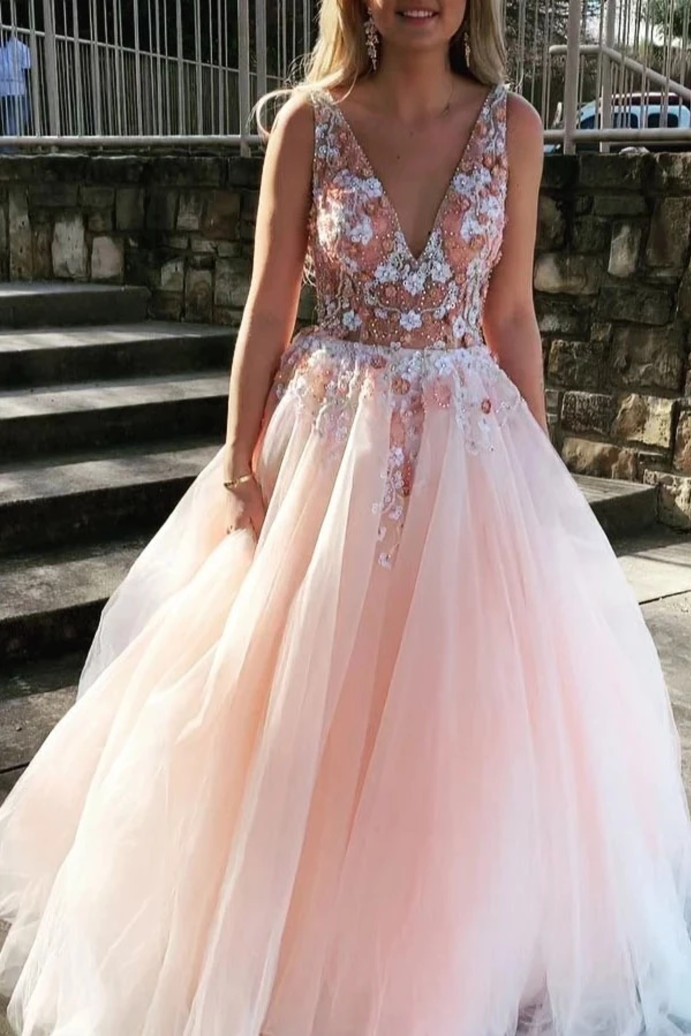 V Neck Sleeveless Tulle Prom Dress With Flowers And Beads -   19 dress Pink tulle ideas