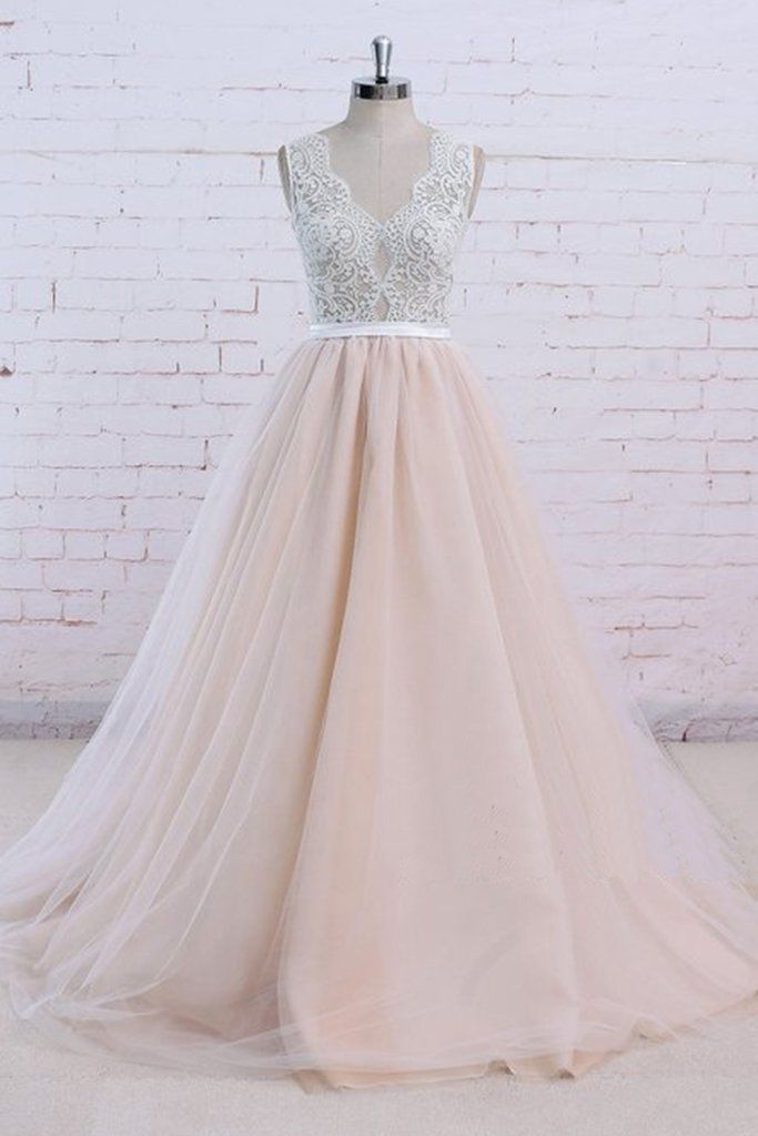 Blush Pink Tulle Ivory Lace V Neck Vintage Wedding Dress, Formal Prom Dress -   19 dress Pink tulle ideas