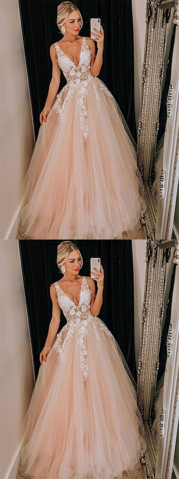 Pink v neck tulle lace long prom dress, pink tulle evening dress -   19 dress Pink tulle ideas