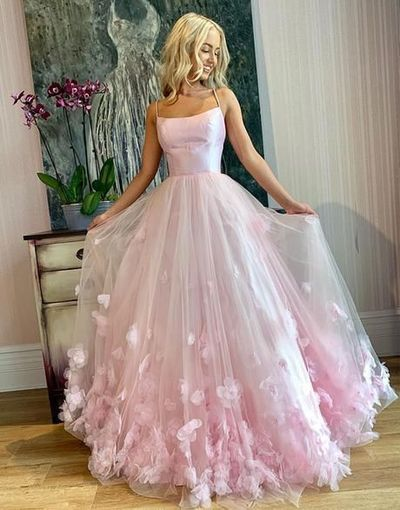 Pink tulle 3d applique long prom dress, pink tulle evening dress from PeachGirlDress -   19 dress Pink tulle ideas