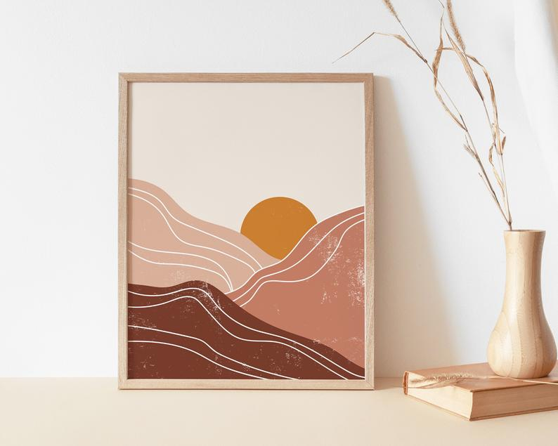 Abstract Sun Art Print | Neutral Wall Art | Warm Color Palette | Minimalist Poster Print | Landscape Wall Art | Mountains Poster | Boho Art -   11 planting Art colour ideas