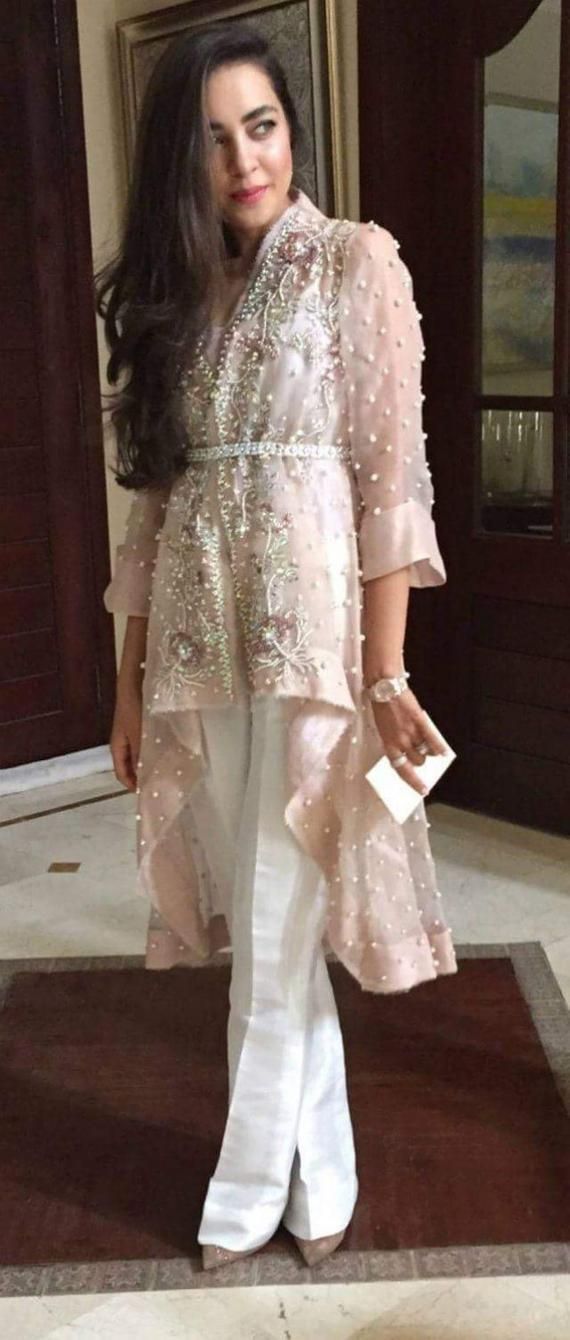 Organza Jacket -Pastel Pink Layered Jacket with Belt & Ivory Silk Bell Bottom Trouser -   13 dress Indian bling ideas