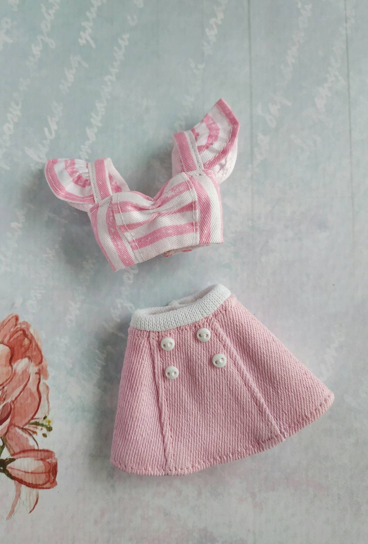 Items similar to Summer striped white pink crop top, pink denim skirt for Blythe doll, blythe clothes ithes outfit on Etsy -   14 DIY Clothes Skirt crop tops ideas
