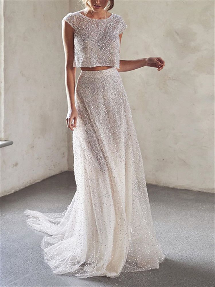 Navel Sequined Solid Two-Piece Dress -   14 wedding Modern crop tops ideas