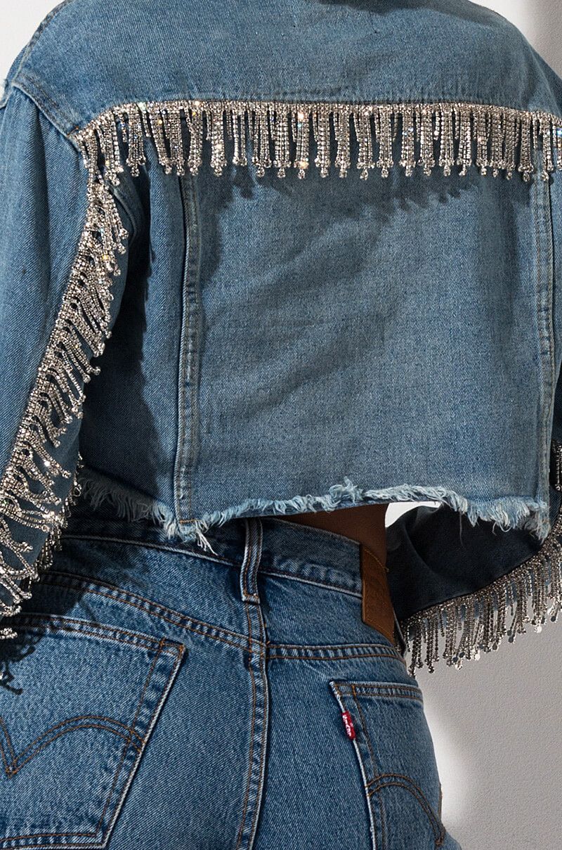 AKIRA Label Light Wash Rhinestone Fringe Cropped Denim Jacket in Light Blue -   15 DIY Clothes Denim crop tops ideas