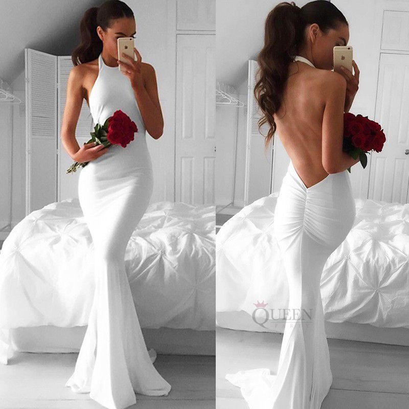 Sexy White Jersey Halter Neckline Mermaid Long Evening Gown With Open Deep V-Back from Queenparty -   15 dress Evening modern ideas