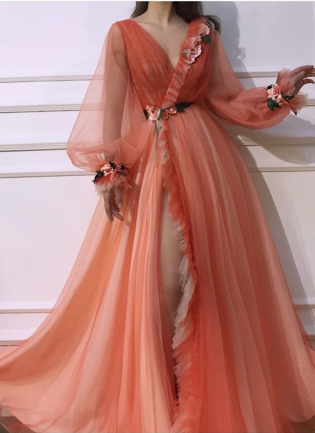 Gorgeous Glamorous V neck Long Sleeve Prom Dresses Orange Long Evening Dress Floral Elegant Formal Gowns -   15 dress Floral elegant ideas