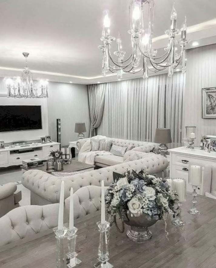 Beautiful all white luxury living room decor with white chesterfield sofas -   15 room decor Classy grey ideas