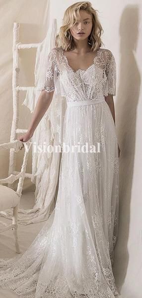 Casual Half Sleeve Lace A-Line Wedding Dresses, Beach Wedding Dresses, VB03264 -   17 dress Lace a line ideas