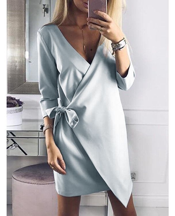 Light Dusty Blue Crossed Front V-neck Self-tie Mini Dress - US$21.95 -YOINS -   17 dress Wrap crosses ideas