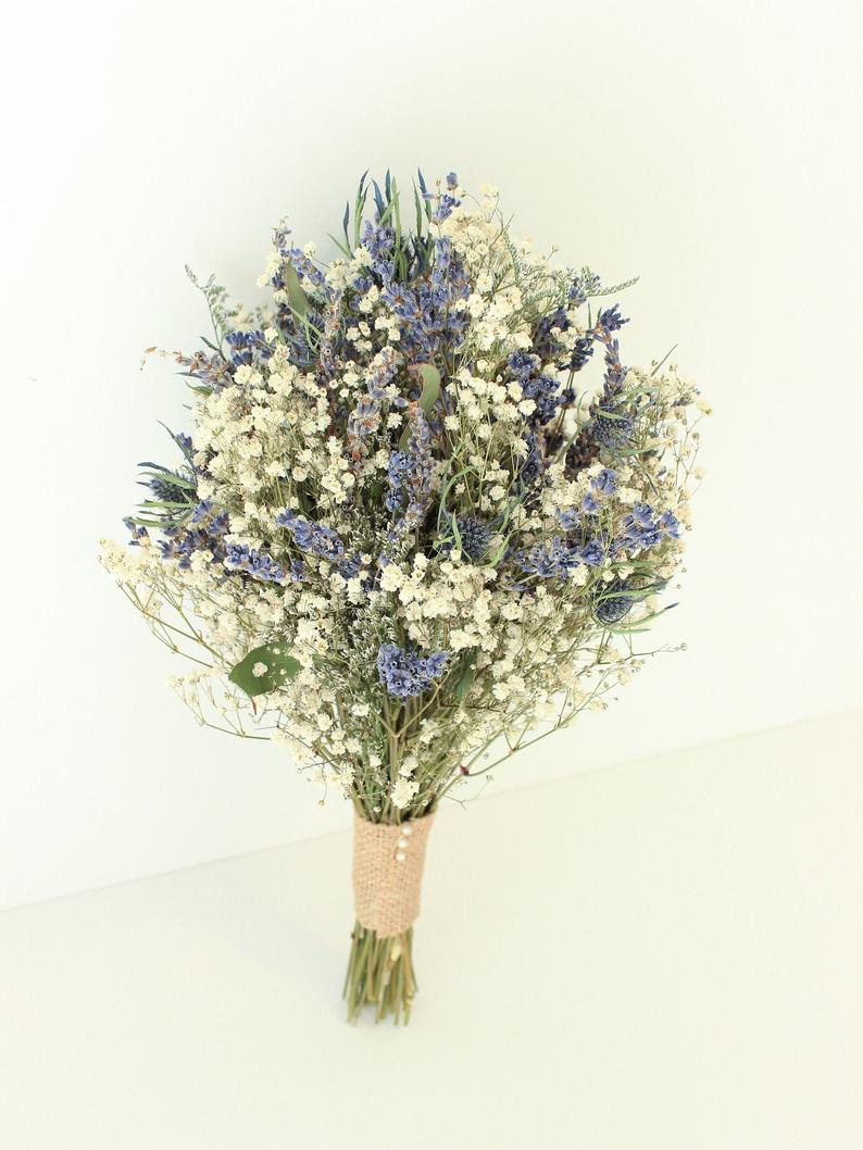 Lavender Blue Thistle Bouquet Wedding / Babies breath bouquet with eucalyptus leaves / Dry lavender Bridesmaid bouquet / Rustic bouquet -   17 wedding Blue lavender ideas