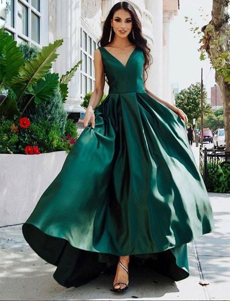 Simple Green Long Prom Dresses V Neck Evening Party Dresses Ruffles -   18 dress Green party ideas