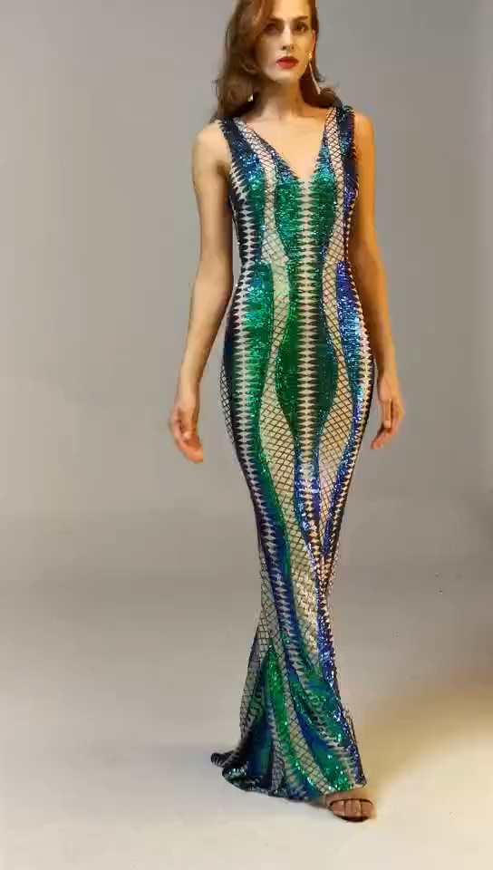 Haute Grid Jagged Sequin V Neck Mermaid Hem Maxi Party Evening Dress -   18 dress Green party ideas