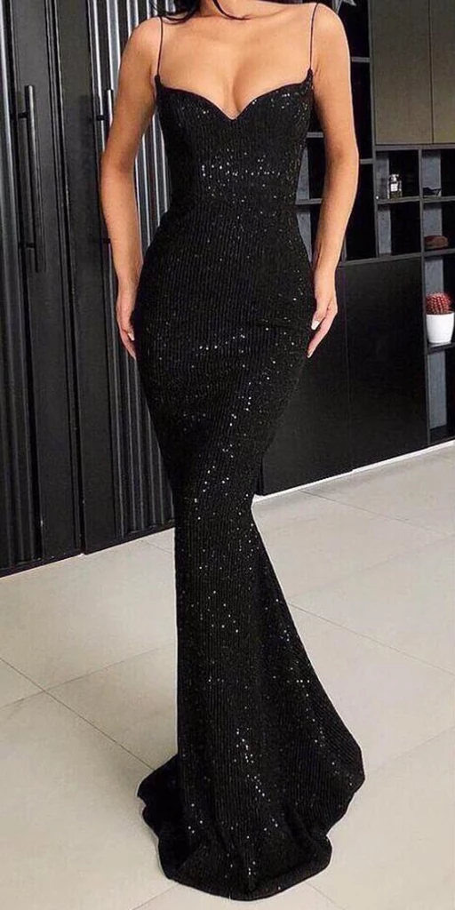 A Line Spaghetti Straps Black Sparkle Long Prom Dresses with Pockets V Neck Sequins Slit JS475 -   18 dress Prom black ideas
