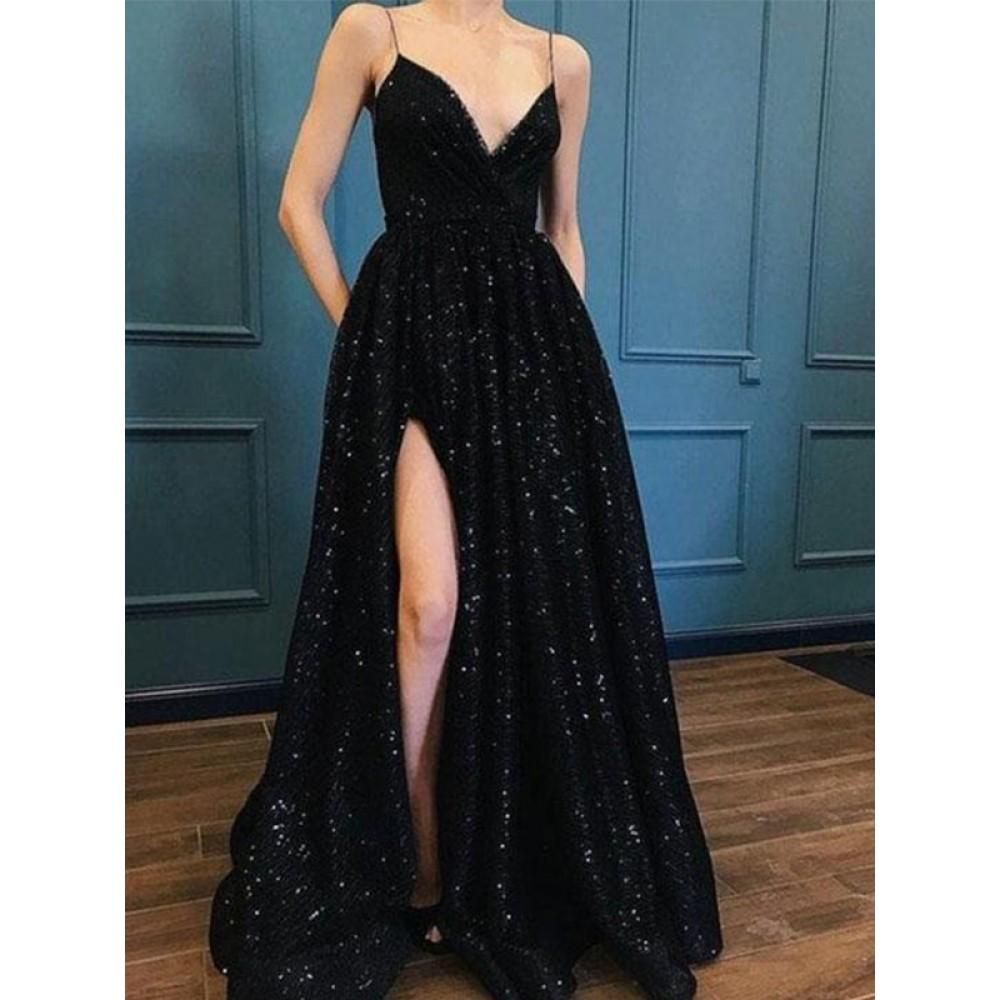 Plus Size Prom Dress, Shiny A Line Side Slit Black Sweetheart Spaghetti Straps Prom Dress 2019 York Bridal Shops -   18 dress Prom black ideas