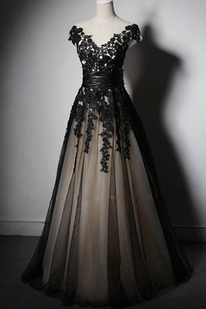 Black tulle lace applique V neck see-through A-line long prom dresses,formal dresses -   18 dress Prom black ideas