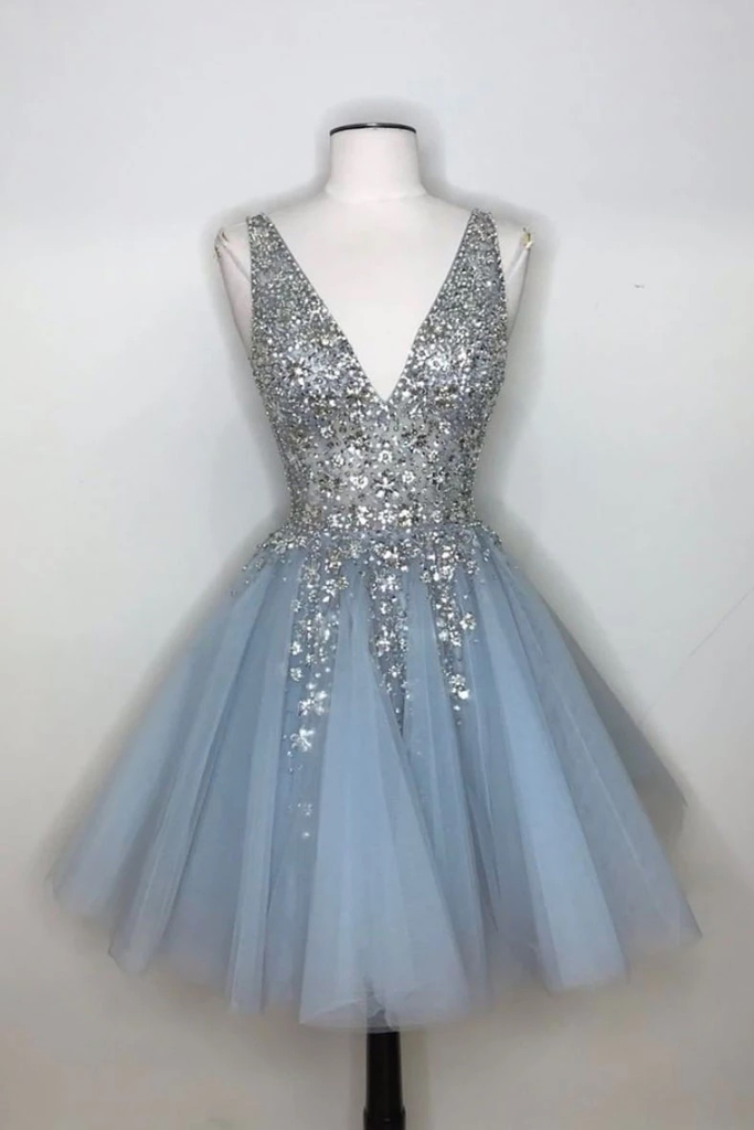 Spring Blue Tulle V Neck Sequins Short Prom Dress, Mini Party Dress -   19 dress Party beautiful ideas