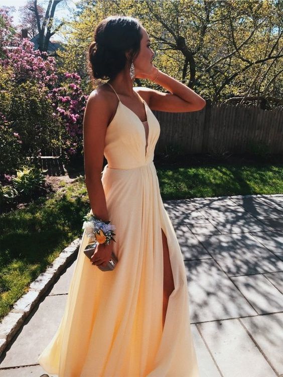 Charming V Neck Low Back Yellow Long Prom Dress Party Dress, Long Homecoming Dress -   19 dress Party beautiful ideas
