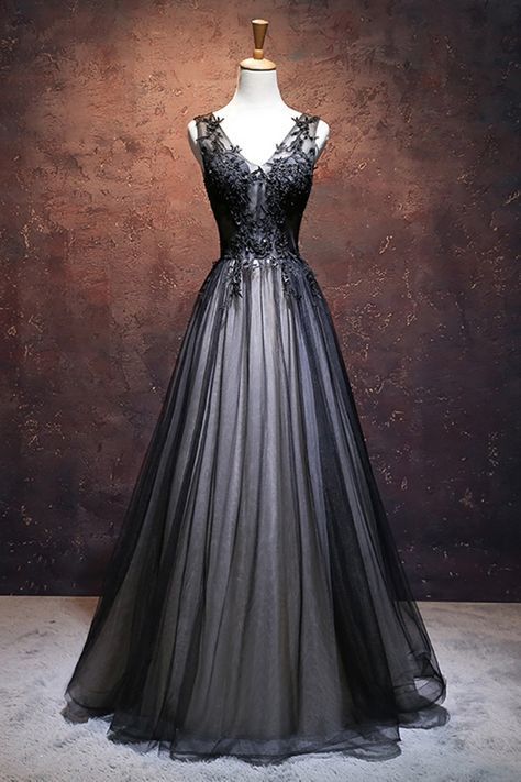 Unique black tulle V neck long A-line handmade senior prom dresses -   19 dress Party beautiful ideas