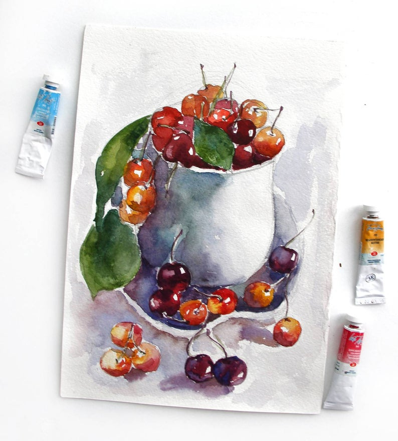 Red and yellow Cherry - Watercolor painting, living room , fruit decor , still life painting, kitchen decor, kitchen deco , food art -   10 subjects Art still life ideas