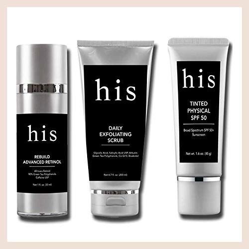 His Skincare Anti Aging Skin Care Kit For Men, All-In-One Set Gentleman's Grooming Kit, Daily Exfoliating Scrub, Rebuild Advanced Retinol And Tinted Physical SPF Moisturizer - 3 Piece Set - Skincare -   11 skin care For Men treats ideas
