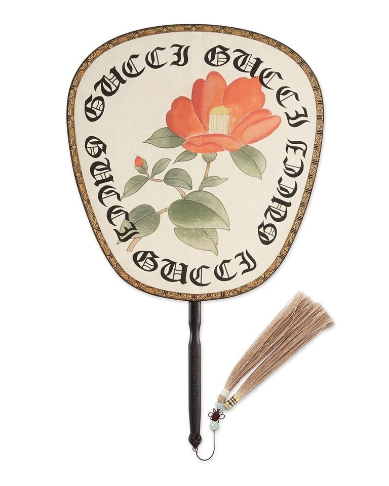 Gucci Multicolor Gothic Logo Floral Printed Silk Tasseled Ebony Handle Fan -   12 home accessories Logo polyvore ideas