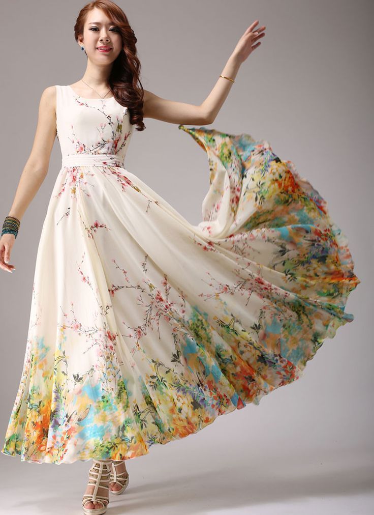 Light Yellow Maxi Dress with Colorful Floral Printed Hem RM292 -   13 dress Coctel floral prints ideas