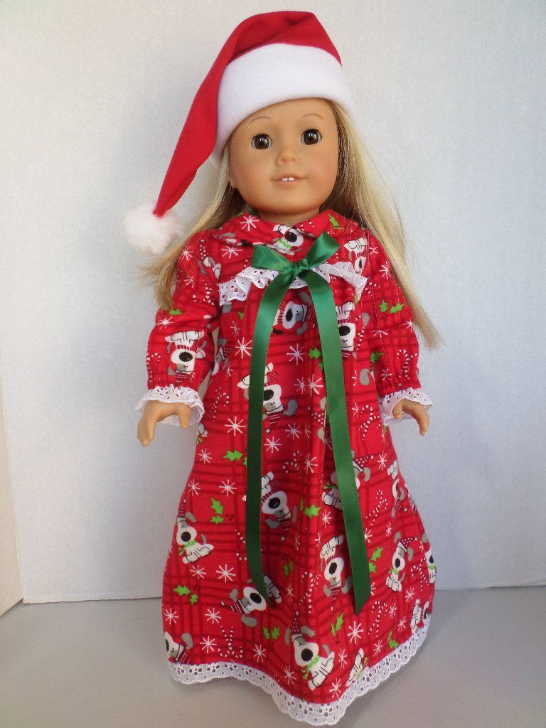 Red holiday/ Christmas puppy dog flannel nightgown/ nighty/ pajamas  and Santa hat American made to fit 18 inch Girl Dolls. -   13 holiday Clothes flannels ideas