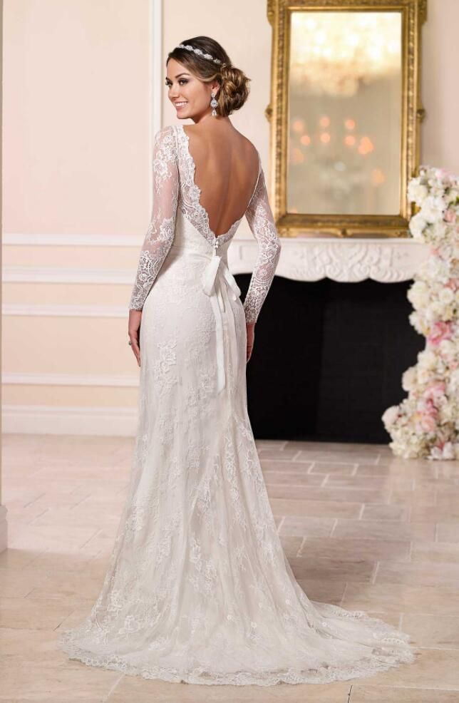 Sheath V Back Lace Wedding Dress with Long Sleeves,Long Sleeve Bridal Dress -   14 wedding Modern lace sleeves ideas
