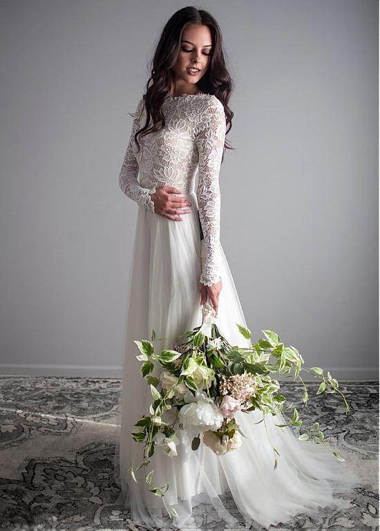 [148.19] Modern Lace & Tulle Jewel Neckline A-line Wedding Dresses - bridesfamily.co -   14 wedding Modern lace sleeves ideas