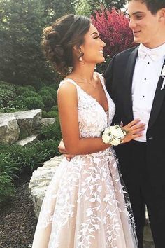 Elegant V neck Champagne Tulle Appliques Formal Prom Dress, Champagne Beads Wedding Dress   ML204 -   15 dress Wedding 2018 ideas