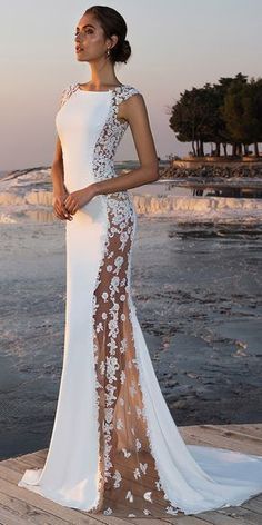 Chiffon Bateau Neckline See-through Mermaid Wedding Dress With Beaded Lace Appliques CR 4764 -   15 dress Wedding 2018 ideas