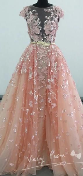 Fantastic A-Line Champagne Tulle Appliqued Sleeveless Long Prom Dresses With Sequins,See Through Scoop Neckline Floor Length Prom Dresses,VPPD008 -   16 dress Cocktail neckline ideas