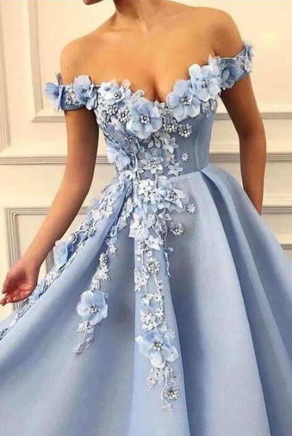 Beautiful Off Shoulder A-line Long Blue Prom Dresses with Flower -   16 dress Fancy blue ideas