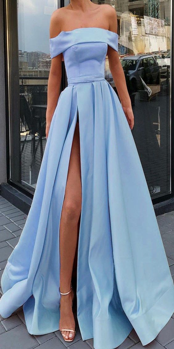 A Line Light Blue Off the Shoulder Prom Dresses with Slit LBQ0700 -   16 dress Fancy blue ideas