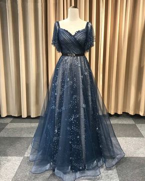 Deep Blue Lace Long A Line Prom Dress, Evening Dress With Sleeve -   16 dress Fancy blue ideas