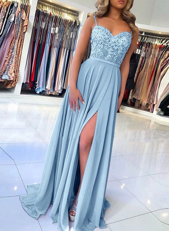 A-line Spaghetti Strap Light Sky Blue Long Prom Dress Evening Dress -   16 dress Fancy blue ideas