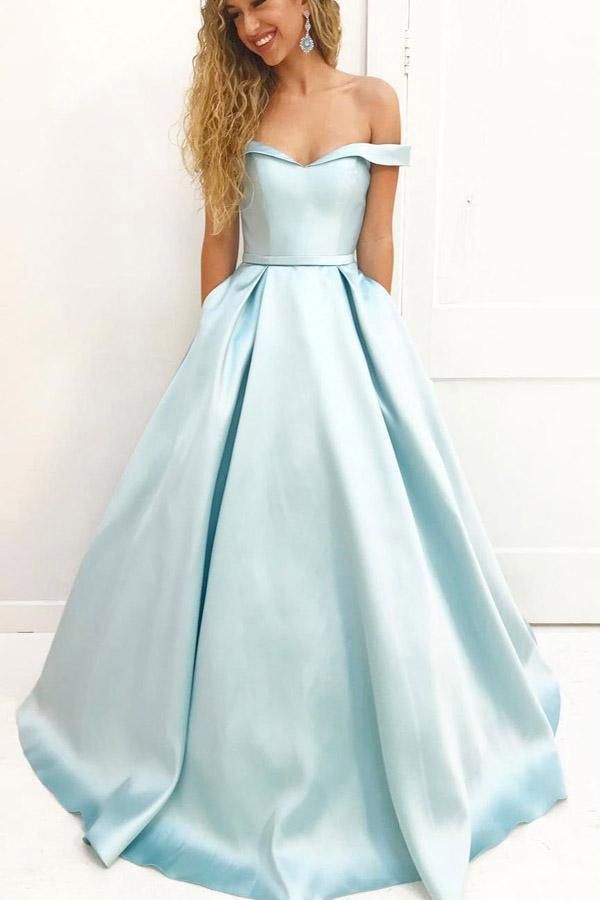 Light Blue A Line Brush Train Off Shoulder Sweetheart Sleeveless Prom Dresses -   16 dress Fancy blue ideas