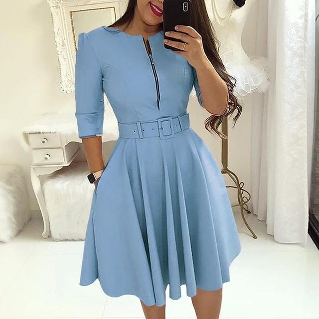 Fashion Female Zipper Belted Work Dresses Women Elegant O-Neck Party Dress Spring Half Sleeve Office Lady A Line Pleated Dresses Size S Color Yellow -   16 dress For Work party ideas