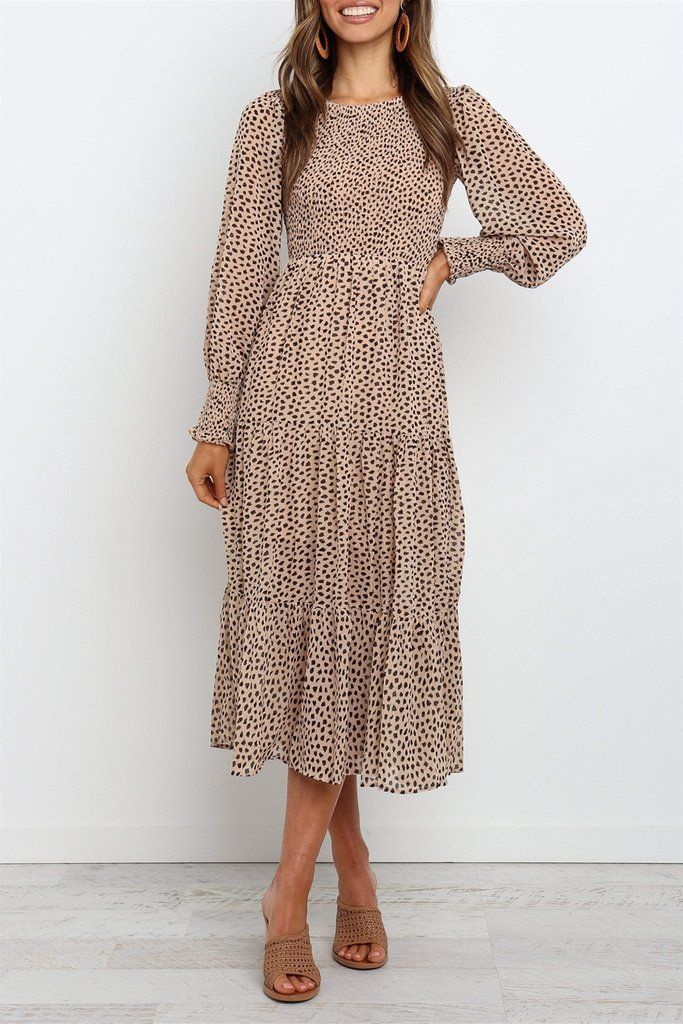 Round Neckline Long Sleeves Midi Length Beige Dress -   16 fall dress With Sleeves ideas