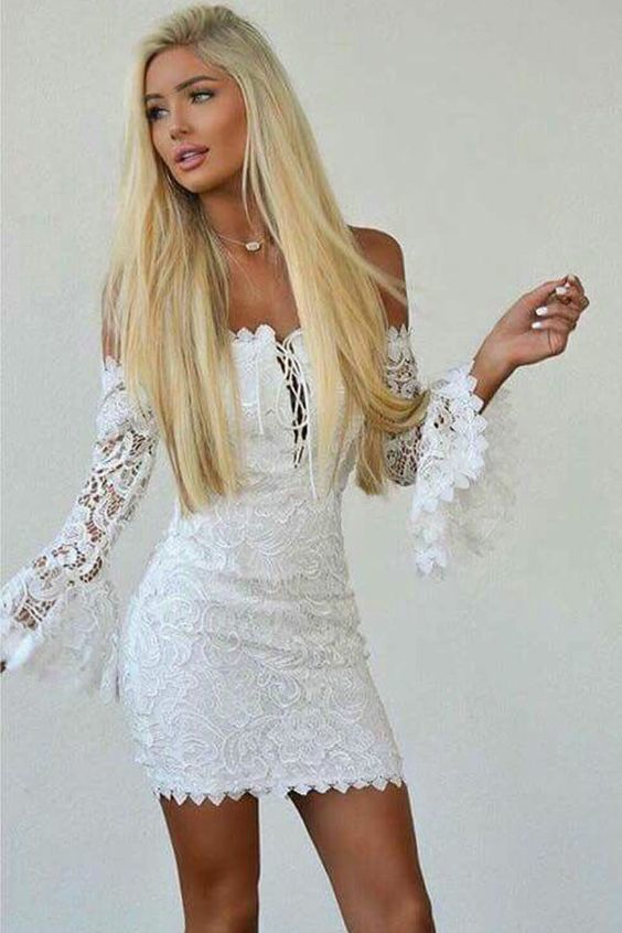 Sheath Off-the-Shoulder Bell Sleeves Short White Lace Homecoming Cocktail Dress -   17 dress For Teens white ideas