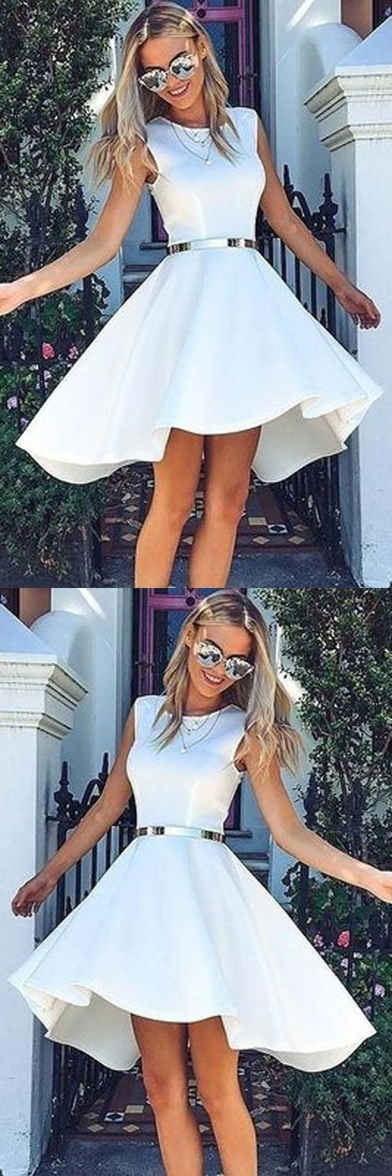 Prom Dresses Classy, High Low Bateau Sleeveless White Satin Homecoming Dress  ML1563 -   17 dress For Teens white ideas