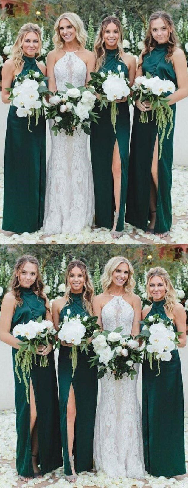 Long High Neck Dark Green Cheap Unique Design  Bridesmaid Dresses with Split , WG394 -   17 dress Green wedding ideas