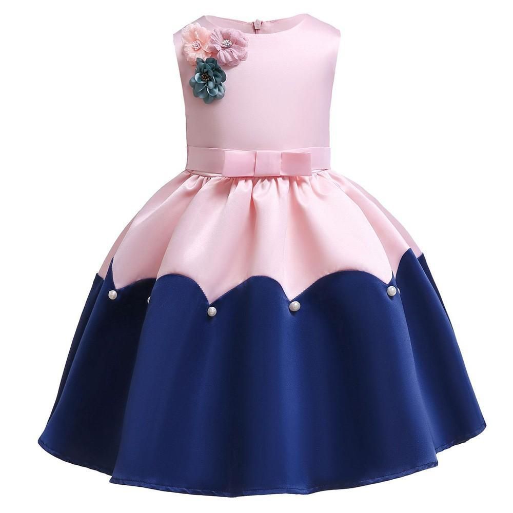 Girls Pink Blue Contrast Beaded Bowknot Skater Birthday Gown Dress -   17 dress Princess kids ideas