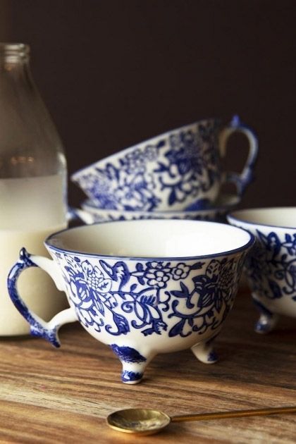 Set Of 4 Pretty Indigo Blue & White Teacups -   17 home accessories Blue white porcelain ideas