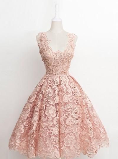 Vintage A-line Scalloped-Edge Knee-Length Lace Light Pink Prom Homecoming Dress -   17 homecoming dress Vintage ideas