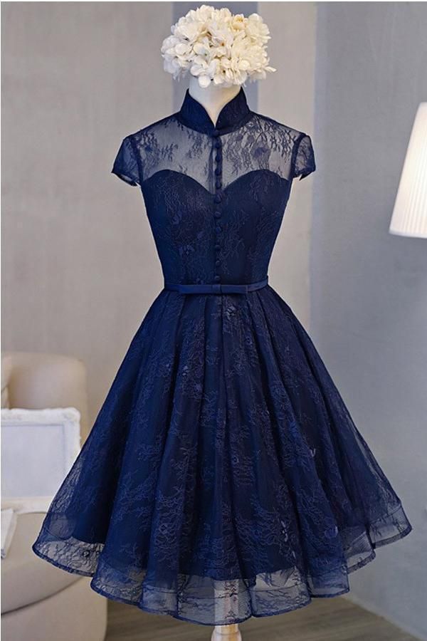 A Line Navy Blue Short High Neck Lace Open Back Cap Sleeve Mini Lace-up Homecoming Dresses RS588 -   17 homecoming dress Vintage ideas