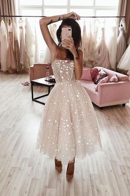 Spaghetti Strap Tea Length Starry Tulle Homecoming Dress  (Unchangeable Ivory Outlayer) US$ 149.00 DVPPDYSP756 - dresses-vip -   17 homecoming dress Vintage ideas